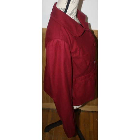 Merona Two Button Maroon Suit Jacket Split Sleeve Flair Bottom Sz M Faux Pockets - Picture 6 of 11